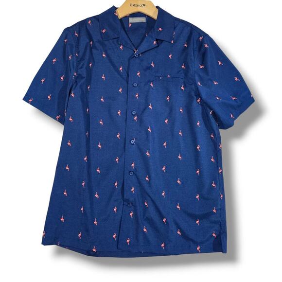Geoffrey Beene men's blue with pink Flamingos short sleeves button-down shirt - Picture 1 of 7